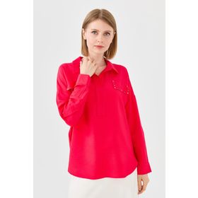 Desen Triko 23485 Fuşya Polo Yaka Cepli Kadın Bluz
