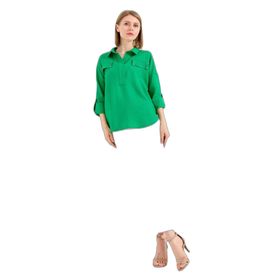 Desen Triko 23485 Yeşil Polo Yaka Cepli Kadın Bluz