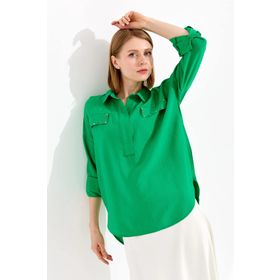 Desen Triko 23485 Yeşil Polo Yaka Cepli Kadın Bluz