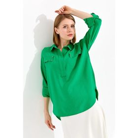 Desen Triko 23485 Yeşil Polo Yaka Cepli Kadın Bluz