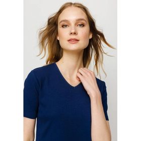 Desen Triko 23753 Lacivert V Yaka Kaşkorse Kadın Pamuk T-shirt