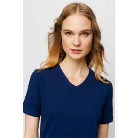 Desen Triko 23753 Lacivert V Yaka Kaşkorse Kadın Pamuk T-shirt