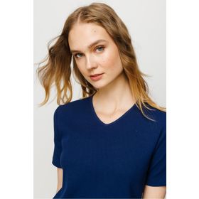 Desen Triko 23753 Lacivert V Yaka Kaşkorse Kadın Pamuk T-shirt