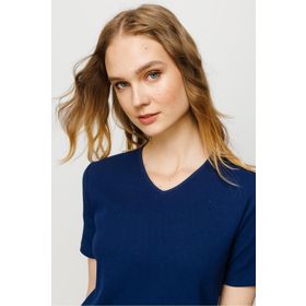 Desen Triko 23753 Lacivert V Yaka Kaşkorse Kadın Pamuk T-shirt