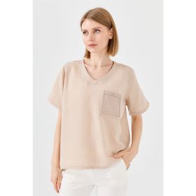 Desen Triko 23775 Siyah Kadın V Yaka Cebi File Keten T-shirt