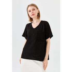 Desen Triko 23775 Siyah Kadın V Yaka Cebi File Keten T-shirt