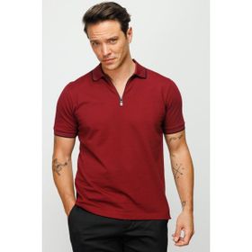 Desen Triko DSNNM941 Fermuarlı Polo Yaka Bordo Erkek T-shirt