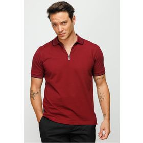 Desen Triko DSNNM941 Fermuarlı Polo Yaka Bordo Erkek T-shirt