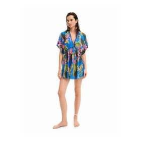 Desigual 24SWMW23 V Yaka Desenli Mavi Kısa Kadın Elbise