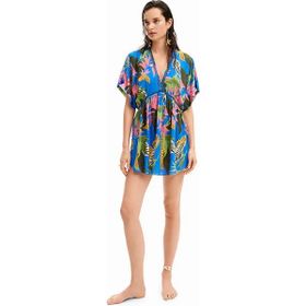 Desigual 24SWMW23 V Yaka Desenli Mavi Kısa Kadın Elbise