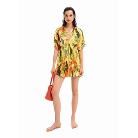 Desigual 24SWMW23 V Yaka Desenli Sarı Kısa Kadın Elbise