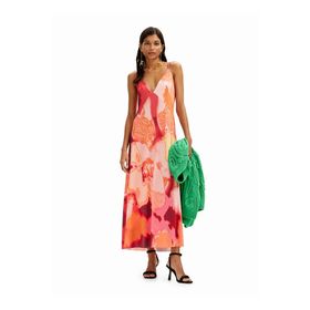 Desigual 24SWVK19 Kare Yaka Desenli Turuncu Uzun Kadın Elbise