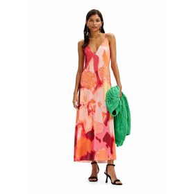 Desigual 24SWVK19 Kare Yaka Desenli Turuncu Uzun Kadın Elbise