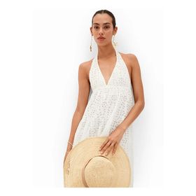 Desigual 24SWVK46 V Yaka Düz Beyaz Uzun Kadın Elbise