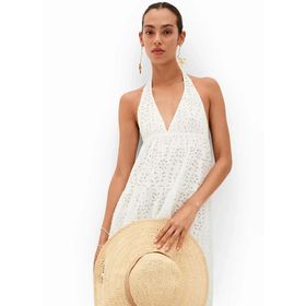 Desigual 24SWVK46 V Yaka Düz Beyaz Uzun Kadın Elbise