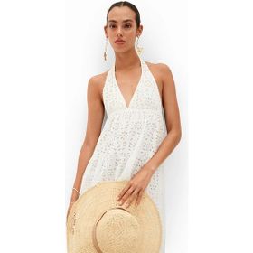 Desigual 24SWVK46 V Yaka Düz Beyaz Uzun Kadın Elbise