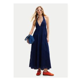 Desigual 24SWVK46 V Yaka Düz Lacivert Uzun Kadın Elbise
