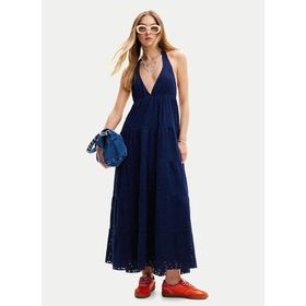 Desigual 24SWVK46 V Yaka Düz Lacivert Uzun Kadın Elbise