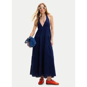 Desigual 24SWVK46 V Yaka Düz Lacivert Uzun Kadın Elbise