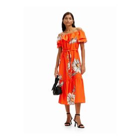 Desigual 24SWVW02 Klasik Yaka Desenli Turuncu Uzun Kadın Elbise