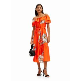 Desigual 24SWVW02 Klasik Yaka Desenli Turuncu Uzun Kadın Elbise