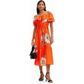 Desigual 24SWVW02 Klasik Yaka Desenli Turuncu Uzun Kadın Elbise