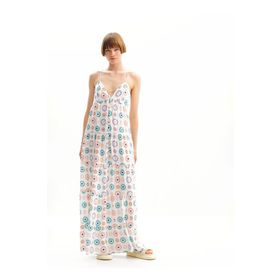 Desigual 24SWVW06 Kare Yaka Desenli Beyaz Uzun Kadın Elbise