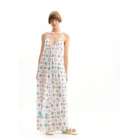 Desigual 24SWVW06 Kare Yaka Desenli Beyaz Uzun Kadın Elbise