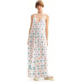 Desigual 24SWVW06 Kare Yaka Desenli Beyaz Uzun Kadın Elbise