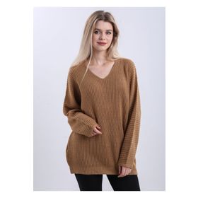 Devinka DVKA-0189 Kadın Kahve Oversize Salaş V Yaka Triko Kazak