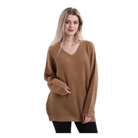 Devinka DVKA-0189 Kadın Kahve Oversize Salaş V Yaka Triko Kazak