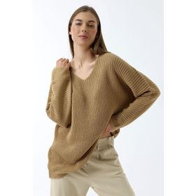 Devinka DVKA-0189 Kadın Kahve Oversize Salaş V Yaka Triko Kazak