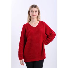 Devinka DVKA-0189 Kadın Kırmızı Oversize Salaş V Yaka Triko Kazak