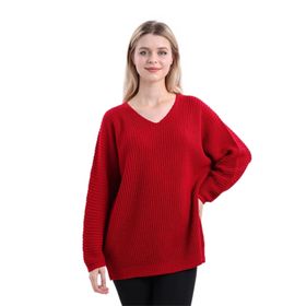 Devinka DVKA-0189 Kadın Kırmızı Oversize Salaş V Yaka Triko Kazak