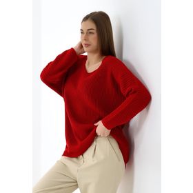 Devinka DVKA-0189 Kadın Kırmızı Oversize Salaş V Yaka Triko Kazak