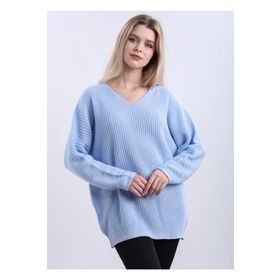 Devinka DVKA-0189 Kadın Mavi Oversize Salaş V Yaka Triko Kazak