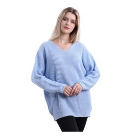 Devinka DVKA-0189 Kadın Mavi Oversize Salaş V Yaka Triko Kazak