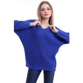 Devinka DVKA-0189 Saks Mavi Oversize Salaş V Yaka Kadın Triko Kazak