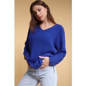Devinka DVKA-0189 Saks Mavi Oversize Salaş V Yaka Kadın Triko Kazak