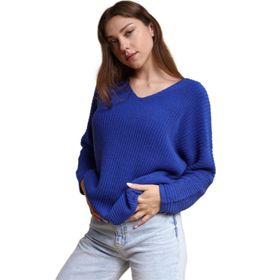 Devinka DVKA-0189 Saks Mavi Oversize Salaş V Yaka Kadın Triko Kazak