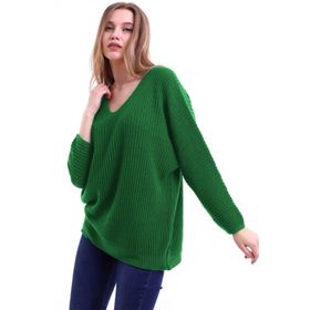 Devinka DVKA-0189 Yeşil Oversize Salaş V Yaka Triko Kadın Kazak