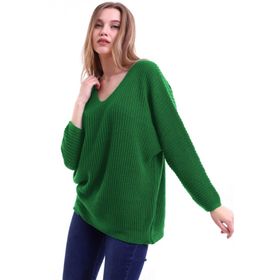 Devinka DVKA-0189 Yeşil Oversize Salaş V Yaka Triko Kadın Kazak
