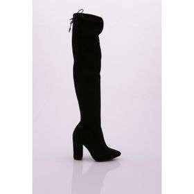 DGN 01 Siyah Kadın Strech Detaylı Sivri Burun Knee High Topuklu Çizme