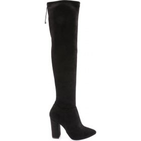 DGN 01 Siyah Kadın Strech Detaylı Sivri Burun Knee High Topuklu Çizme