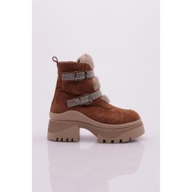 DGN 22011 Taba Süet Kadın Kürk Detaylı Fermuarlı Kalın Taban Siver Taşlı Bot