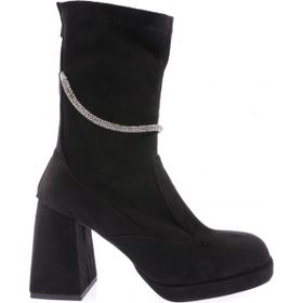 DGN 4064 Siyah Strech Yuvarlak Burun Platin Taş Aksesuarlı Topuklu Kadın Çizme