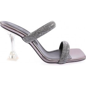 DGN 5160-23Y Silver Taş Bantlı Topuklu Platin Kadın Terlik