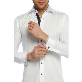 Dicotto Micro Lacivert Kombinli Kumaş Kol Düğmeli Slim Fit Beyaz Erkek Gömlek