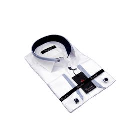 Dicotto Micro Lacivert Kombinli Kumaş Kol Düğmeli Slim Fit Beyaz Erkek Gömlek