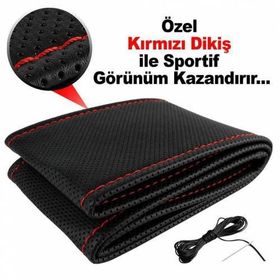 Dikmeli Deri Noktalı Kırmızı Dikişli Direksiyon Kılıfı